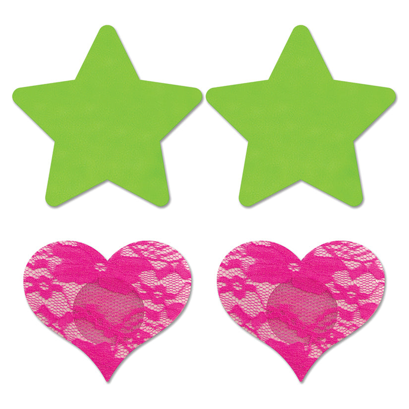 Fantasy Lingerie Glow Fashion Pasties Set: Neon Green Solid Star, Neon Pink Lace Heart