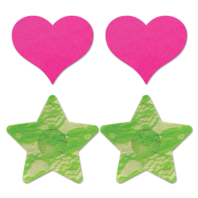 Fantasy Lingerie Glow Fashion Pasties Set: Neon Pink Satin Heart, Neon Green Lace Star