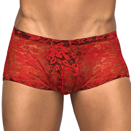 Male Power Stretch Lace Mini Short - Red Medium