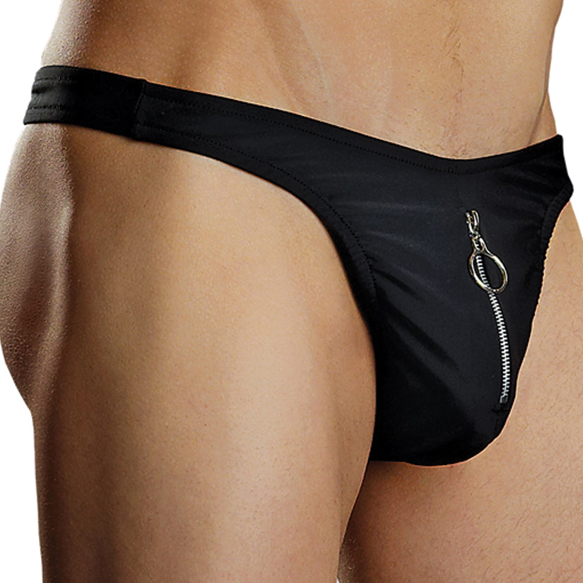 Male Power Nylon Spandex Zipper Thong - Black L/XL
