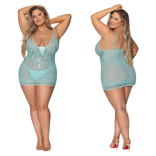 Magic Silk Lace Up Chemise & G-String Set - Turquoise QUEEN