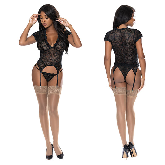 Magic Silk Cap Sleeve Basque & Tanga Set - Black S/M