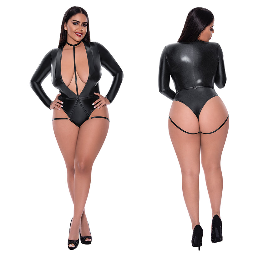 Magic Silk Long Sleeve Teddy with Harness Caging - Black QUEEN