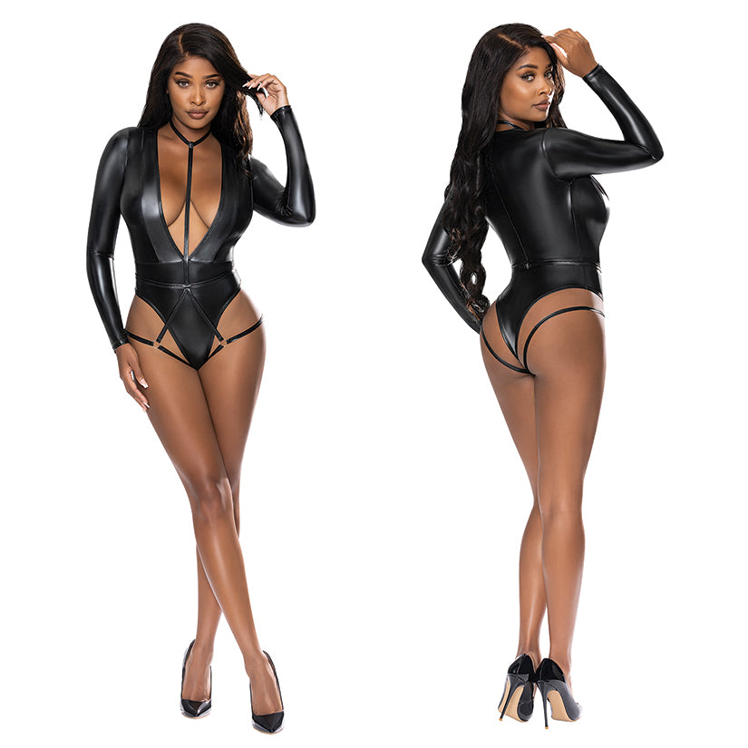 Magic Silk Long Sleeve Teddy with Harness Caging - Black L/XL