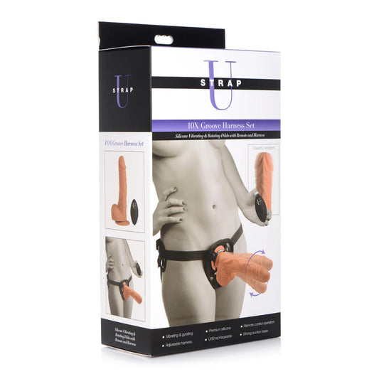 Strap U 10X Groove Harness with Vibrating and Rotating Dildo