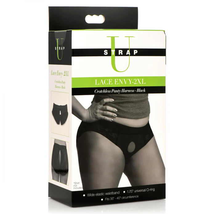 Strap U Lace Envy Black Crotchless Panty Harness - 2XL