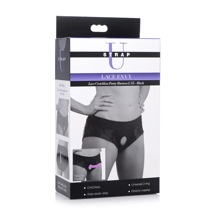 Strap U Lace Envy Black Crotchless Panty Harness - L/XL