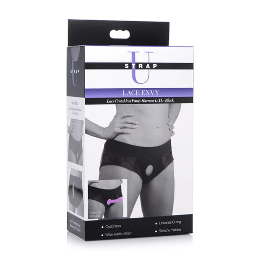 Strap U Lace Envy Black Crotchless Panty Harness - L/XL