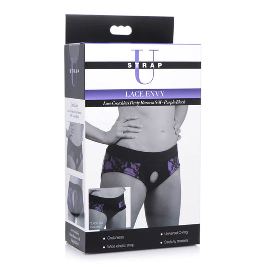 Strap U Lace Envy Black and Purple Crotchless Panty Harness - S/M