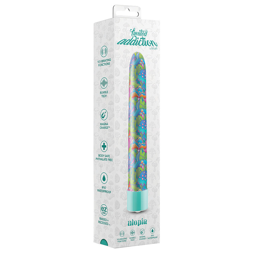 Blush Limited Addiction Utopia 7 Inch Slimline G-Spot Vibrator In Aqua - 10 RumbleTech Vibration Modes