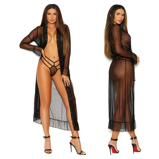 Elegant Moments Long Sleeve Dotted Mesh Robe and G-String - Black Large
