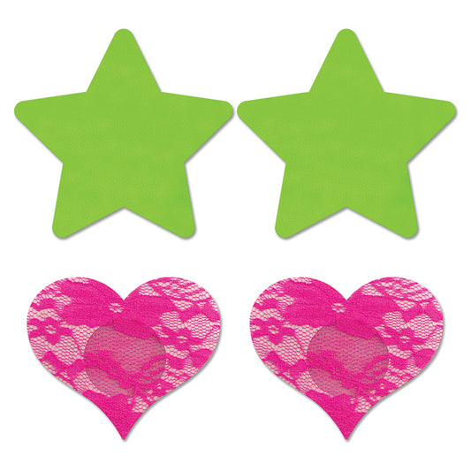 Fantasy Lingerie Glow Fashion Pasties Set: Neon Green Solid Star, Neon Pink Lace Heart