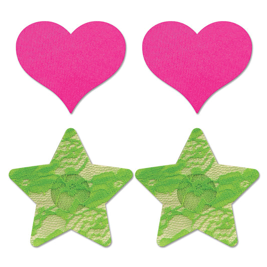 Fantasy Lingerie Glow Fashion Pasties Set: Neon Pink Satin Heart, Neon Green Lace Star