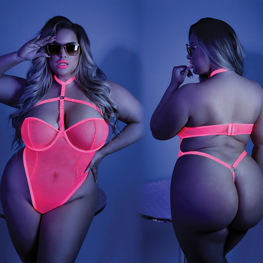 Fantasy Lingerie Glow All Nighter Bodysuit with Open Back - Neon Pink Queen