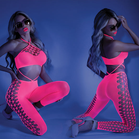 Fantasy Lingerie Glow Own The Night Bodystocking - Neon Pink O/S