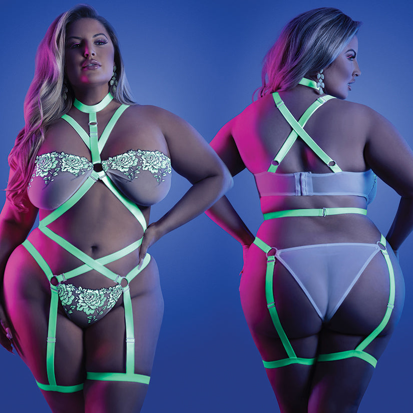 Fantasy Lingerie Glow Night Vision Gartered Teddy - Neon Green QUEEN