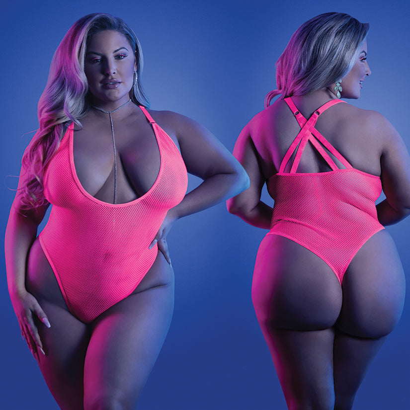 Fantasy Lingerie Glow Electric Haze Teddy - Neon Pink QUEEN