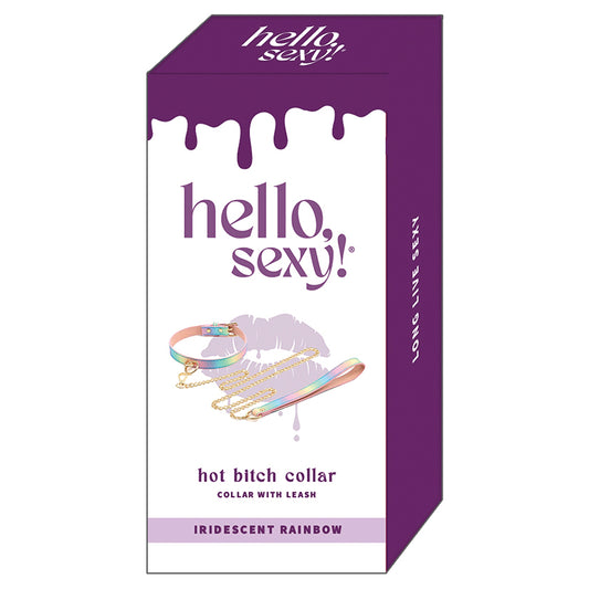 Hello Sexy Hot Bitch Collar and Leash - Iridescent Rainbow