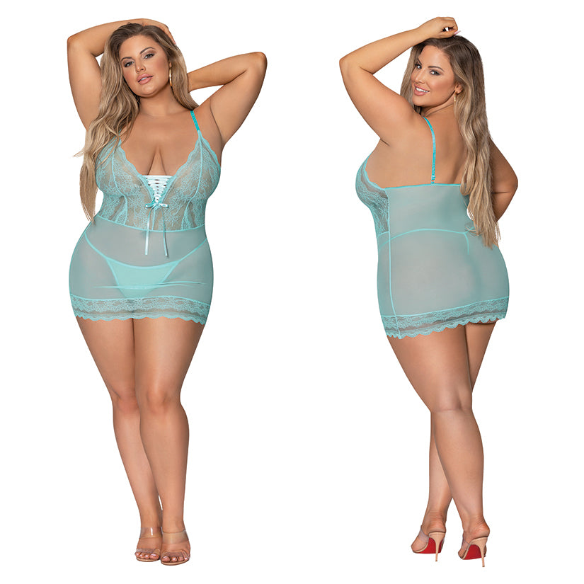 Magic Silk Lace Up Chemise & G-String Set - Turquoise QUEEN