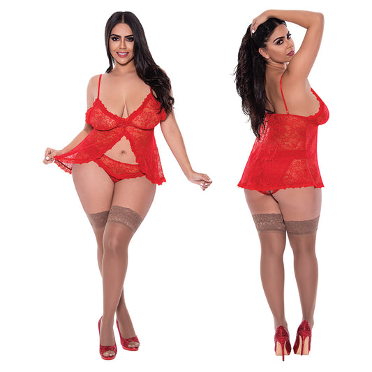 Magic Silk Babydoll & Split Crotch Panty Set - Red QUEEN