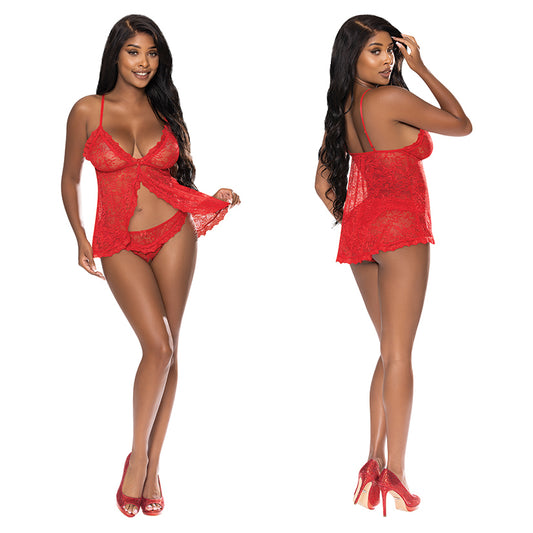 Magic Silk Babydoll & Split Crotch Panty Set - Red L/XL