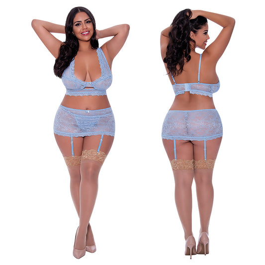 Magic Silk Bralette, Garter Skirt, & G-String Set - Blue QUEEN