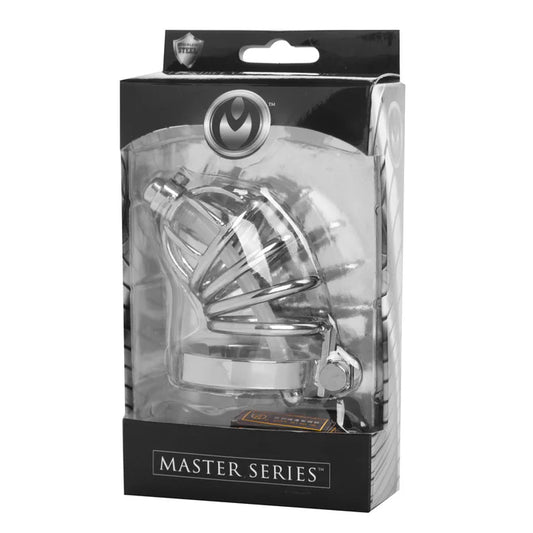 Master Series Stainless Steel Chastity Cage with Silicone Urethral Plug