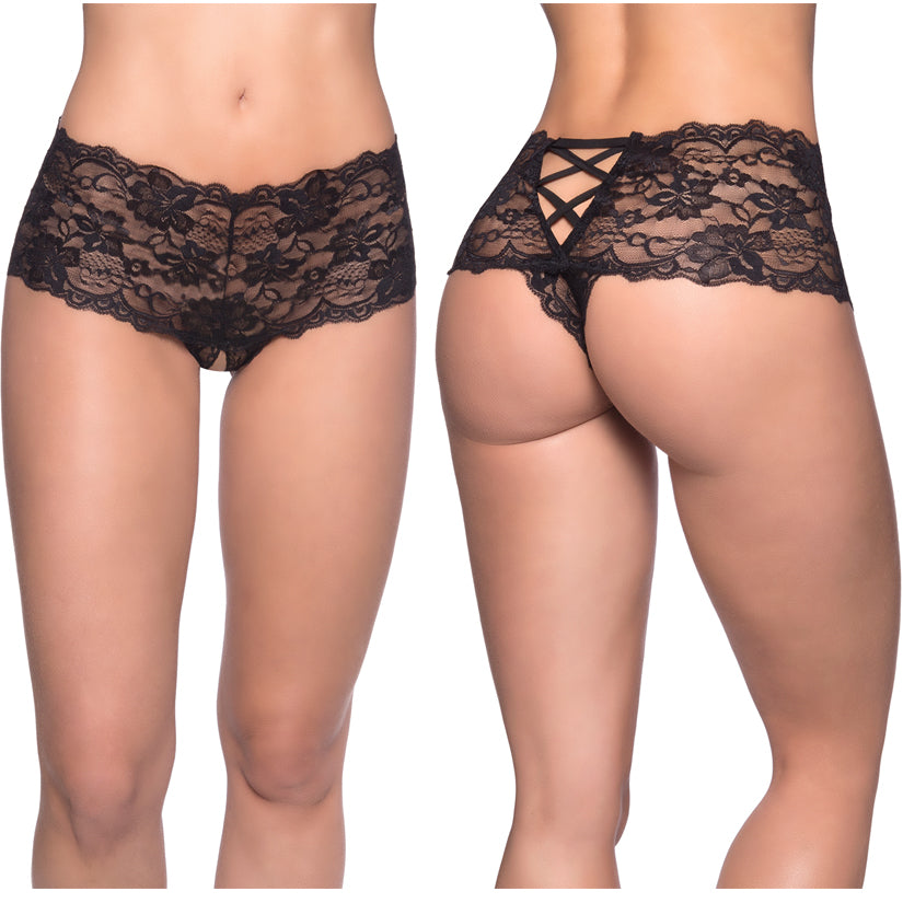 Oh La La Cheri Good Night Kiss Lace Crotchless Boyshort - Black S/M