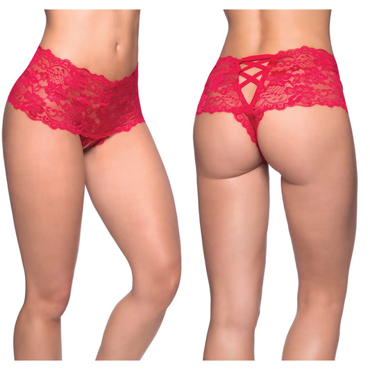 Oh La La Cheri Good Night Kiss Lace Crotchless Boyshort - Red L/XL