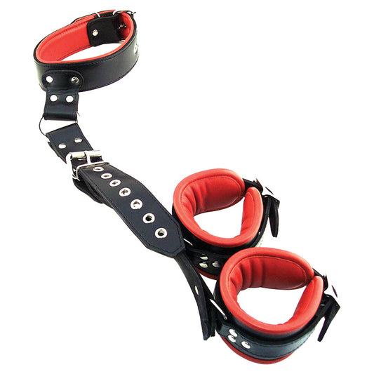 Rouge Leather Neck to Wrist Restaint with Padded Cuffs - Black/Red